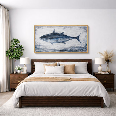 Vintage Blue Tuna Fish Coastal Rustic Nautical Wall Decor Extra Large Pictures Framed Canvas Print Wall Art