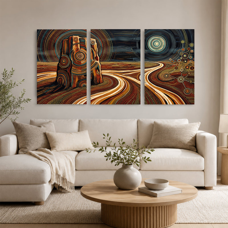«Red Rock Formation with Winding Paths in Dot», ensemble de 3 peintures sur toile, H 18 po x l 12 po x 3 pièces