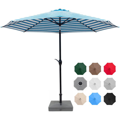 Parasol de terrasse 9 pi avec parasol pour table de marché avec manivelle et 8 nervures robustes pour le jardin, la pelouse, la cour et la piscine, blanc et bleu