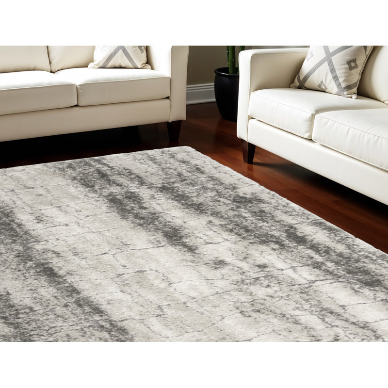 Tapis gris anthracite et ivoire à poils longs 8 pi x 10 pi