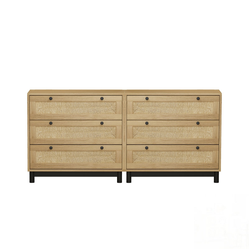 3-Drawers Storage Cabinet with Rope Woven Drawer Panels, Spacious and Stylish for Multiple Rooms, Oak