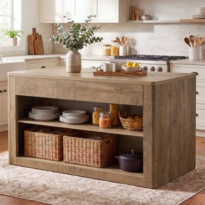 55" Kitchen Island with 2 Drawers, Stationary Island Table with Storage Shelves
