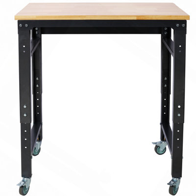 Desk,Workbench - 35" Wide Rolling Workbenches For Garage - Adjustable Height, Workshop Tool Bench, Metal With Rubber Wood Top ,Hammertone Leg