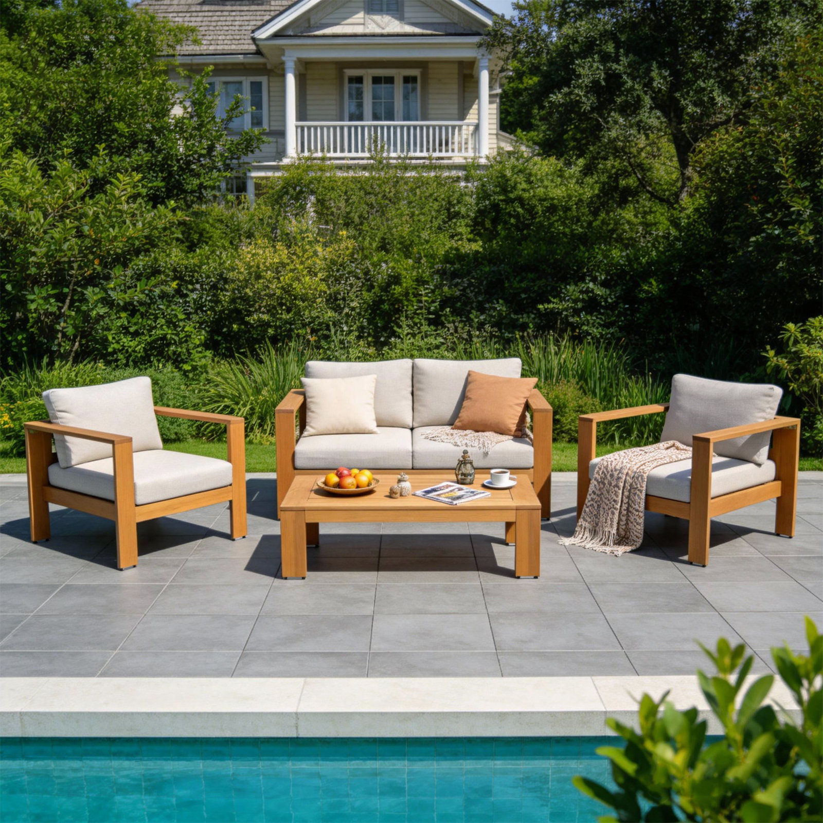 Naylor Eucalyptus Patio Seating Group, 4 Pcs: Table, Loveseat, 2 Chairs