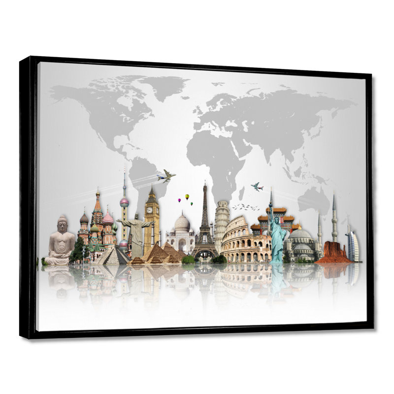 « Famous Monuments Across World », reproduction d'art graphique, Reproduction avec cadre flottant, Noir, H 24 po x l 32 po