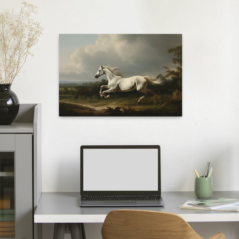 Majestic White Horse Classic Dramatic Abstract Horse Landscape Nature Wall Art Print 1 Piece Wrapped Canvas Wall Art