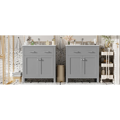 Meuble-lavabo moderne gris avec lavabos doubles, tiroir rabattable, rangement et portes à fermeture en douceur - Chic Decor 60 po avec lavabos, lavabos en céramique Solution silencieuse et sophistiquée