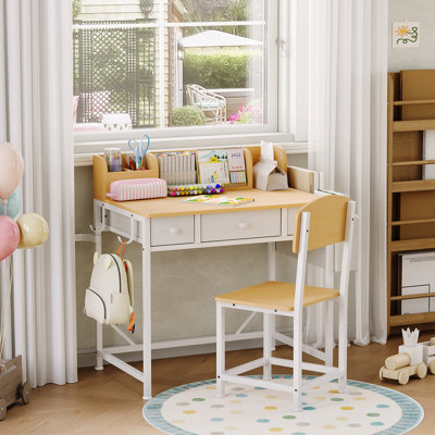 Ensemble de bureau et de chaise pour enfants avec rangement, 3 tiroirs, rail d'organisation, crochets et sac en tissu, table d'étude robuste et chaise stationnaire pour enfants de 5 à 8 ans