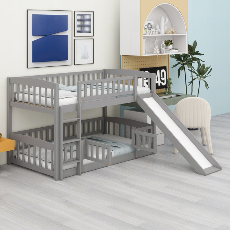 Low Bunk Bed With Fence And Ladder, With Slide, Grey