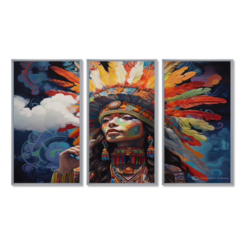 Tribal, beauté, plume, coiffe, rétro, I, amérindienne, ensemble d'art mural, Encadrement argenté, H 28 po x l 36 po x P 1 po
