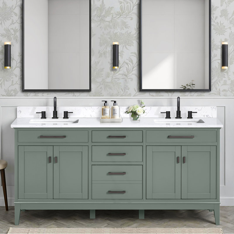 Madison 72" Double Bathroom Vanity Set, Smoke Green, Cala White