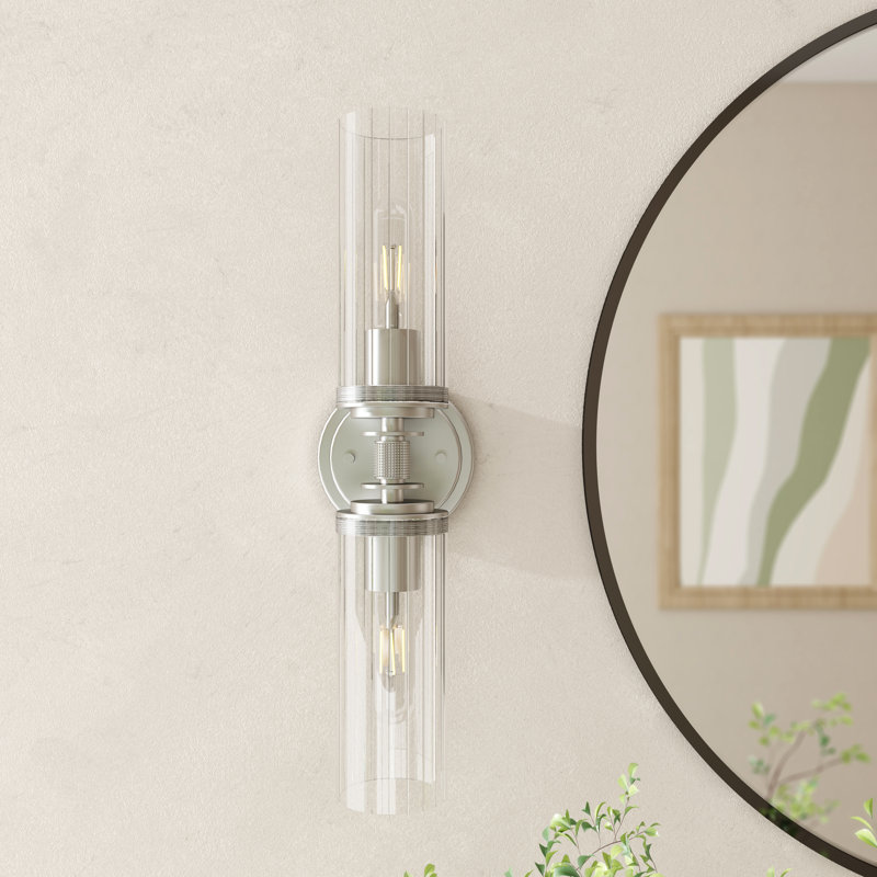 Applique murale de style campagnard à intensité variable 2 lumières en nickel brossé avec abat-jour en verre transparent rayé 19 po Ophilia