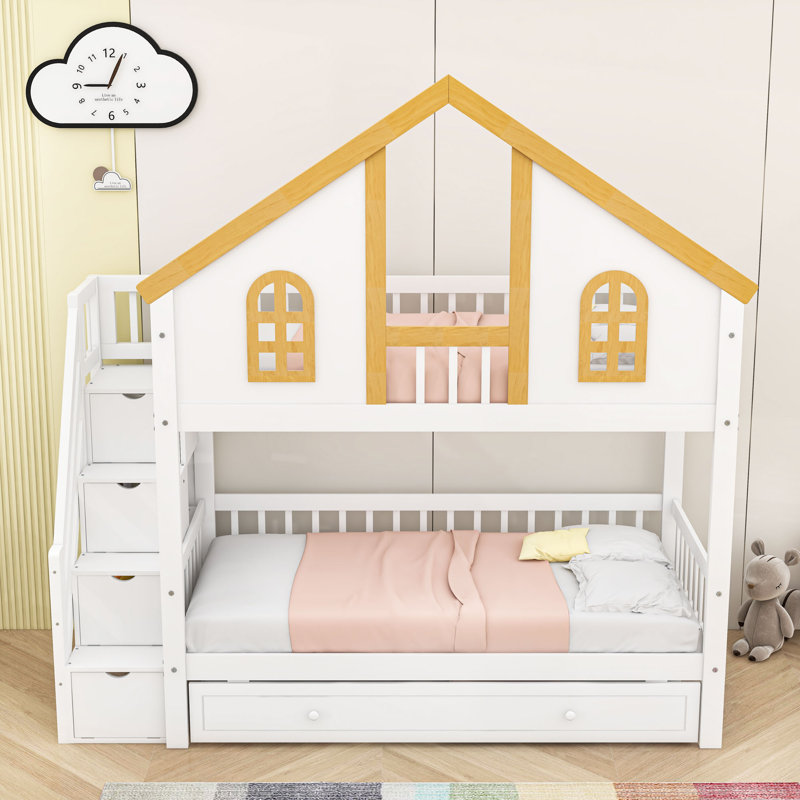 Wood Bunk Bed with Roof and Staircase and Trundle, Twin Over Twin