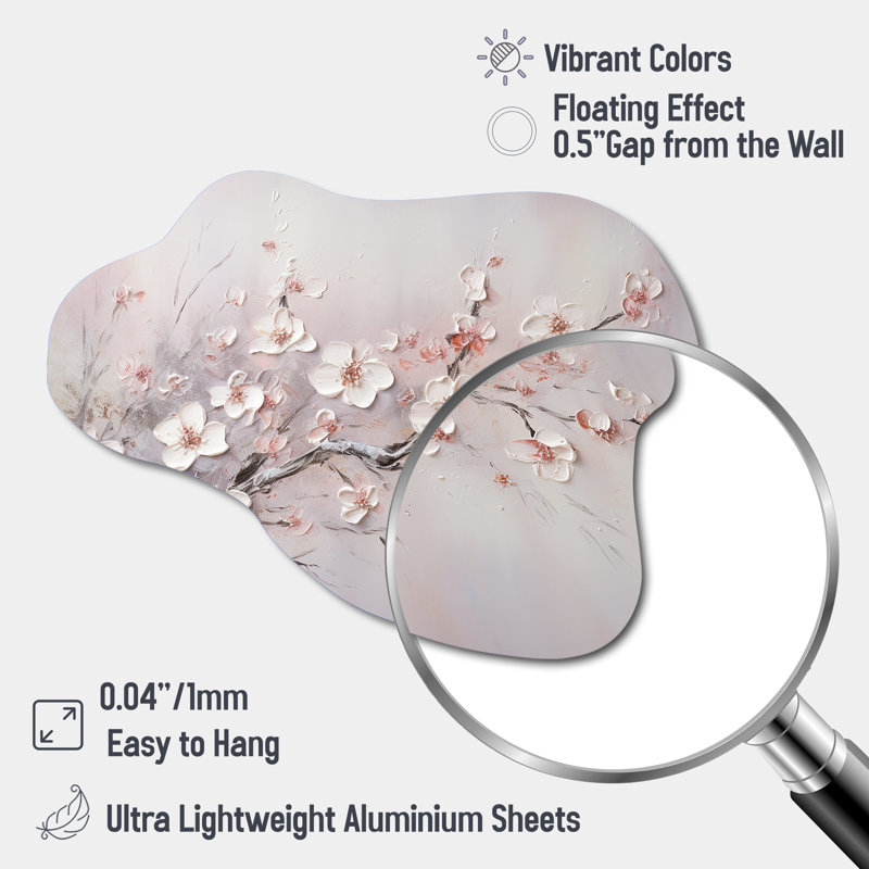 Pink And Grey Cherry Blossom Charm - Cloud Flowers Metal Wall Art, Asymmetrical Metal Wall Sculpture Print