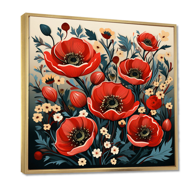 Swanage - coquelicot, art mural, Toile dorée avec cadre flottant, H 30 po x l 30 po