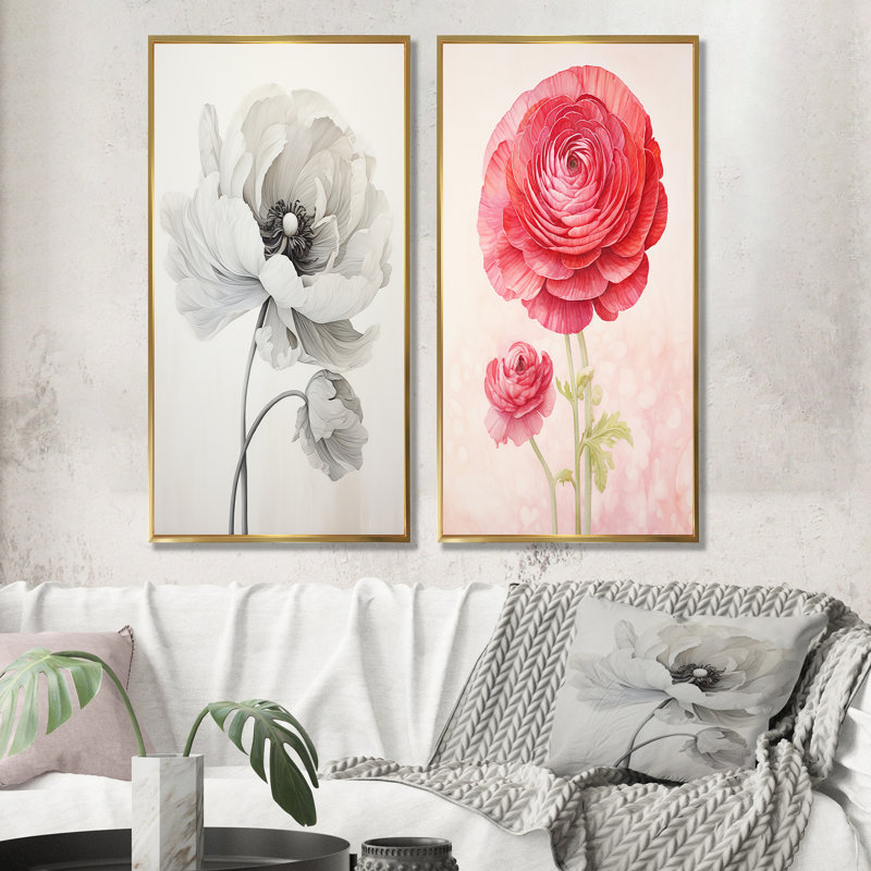 Ensemble de 2 décorations murales rétro Ranunculus Dreams - Ranunculus, H 28 po x l 25 po, Encadrement doré