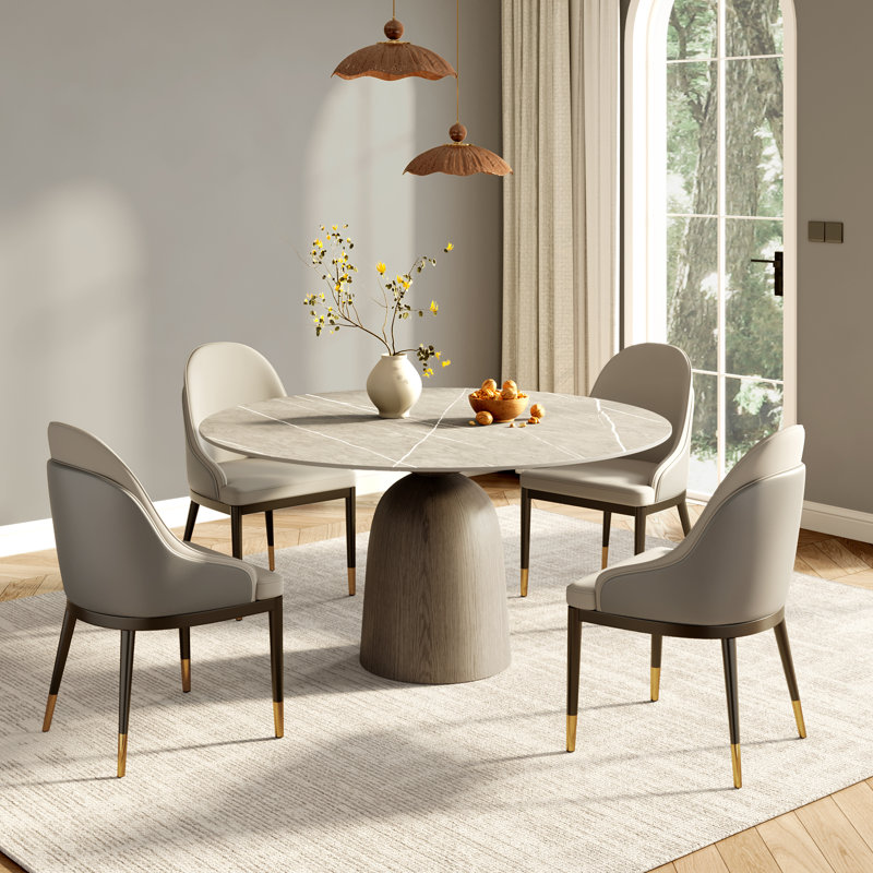 Ensemble de salle à manger 5 pièces rond en noyer foncé avec plateau gris 47 po et chaises rembourrées
