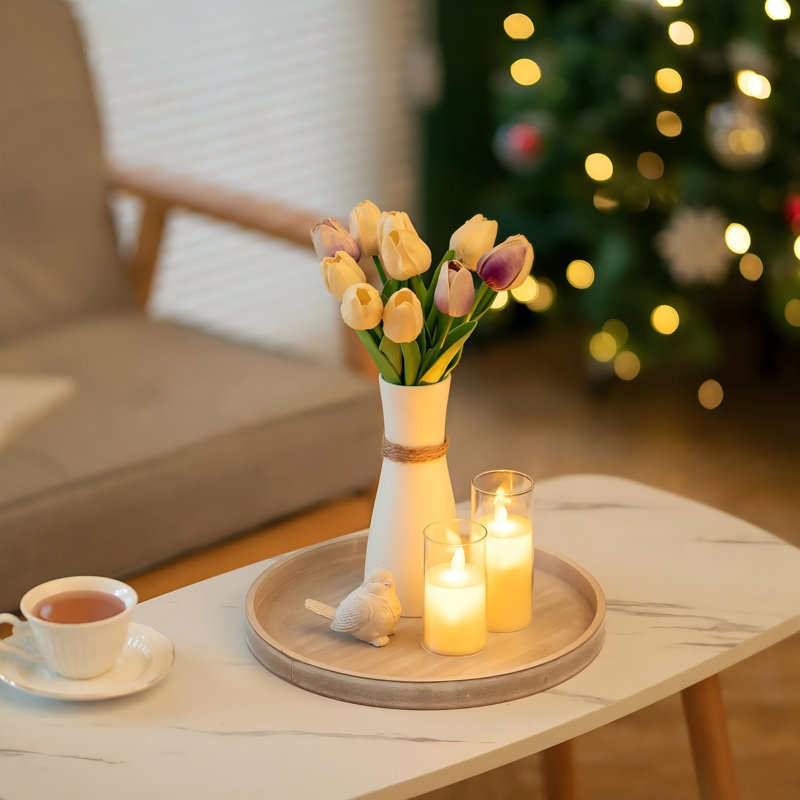 Decorative Coffee Table Tray: White Washed Wood Tray Round Rustic Wooden Trays Circle Farmhouse Centerpiece Candle Holder For Home Decor Ottoman Counter Display Living Room Organizer 12"