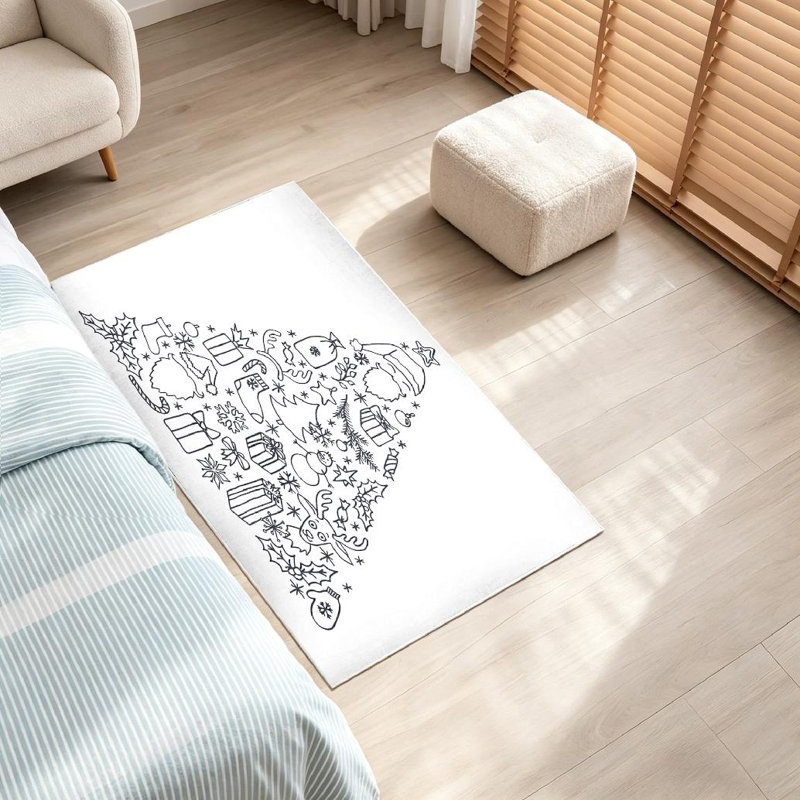 Tapis intérieur noir lavable à la machine, motif triangles dessinés à la main, sur le thème de Noël., Rectangle 32 po x 47 po