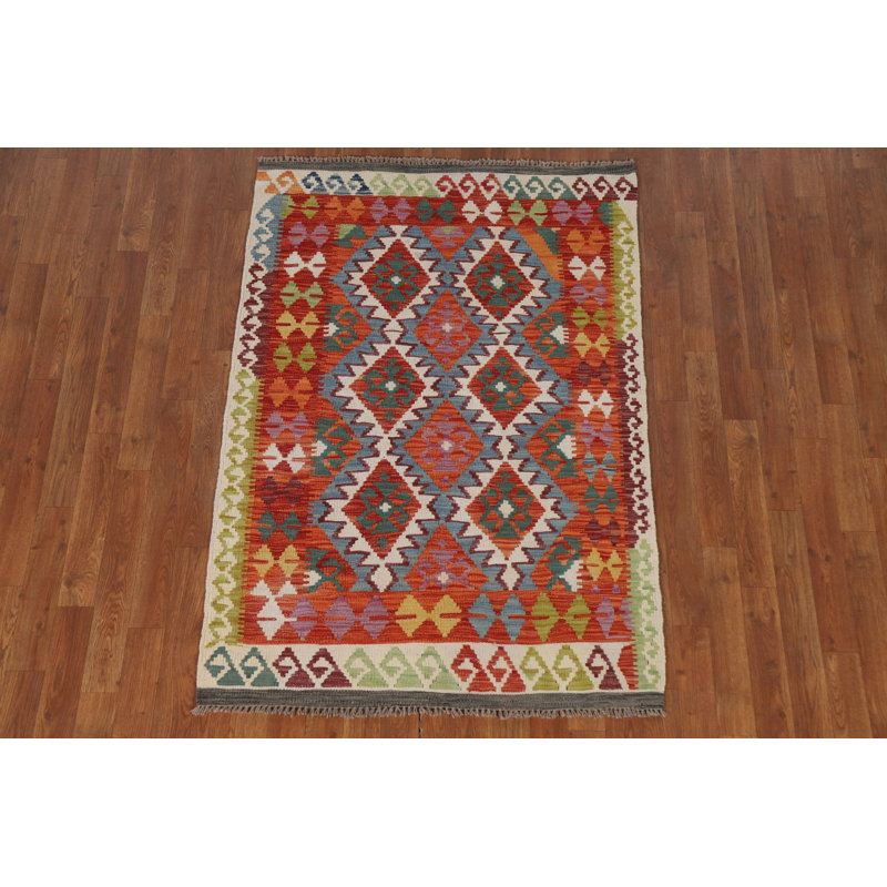 Tapis géométrique en laine réversible Kilim 4 x 5