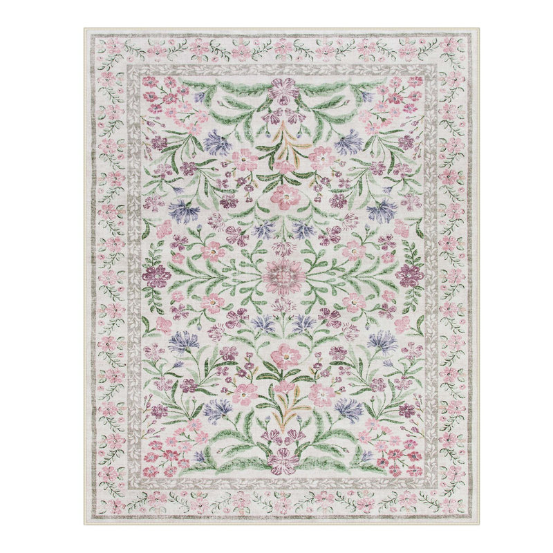 Washable Floral Area Rugs Boho Large Rugs Non-Slip for Bedroom Soft Rubber Backed Carpet, Rectangle 8' x 10'