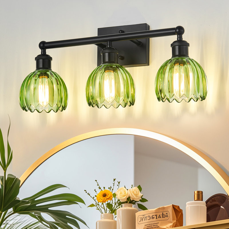 Luminaire de meuble-lavabo moderne avec abat-jour en verre E26, Noir mat, 3, Vert