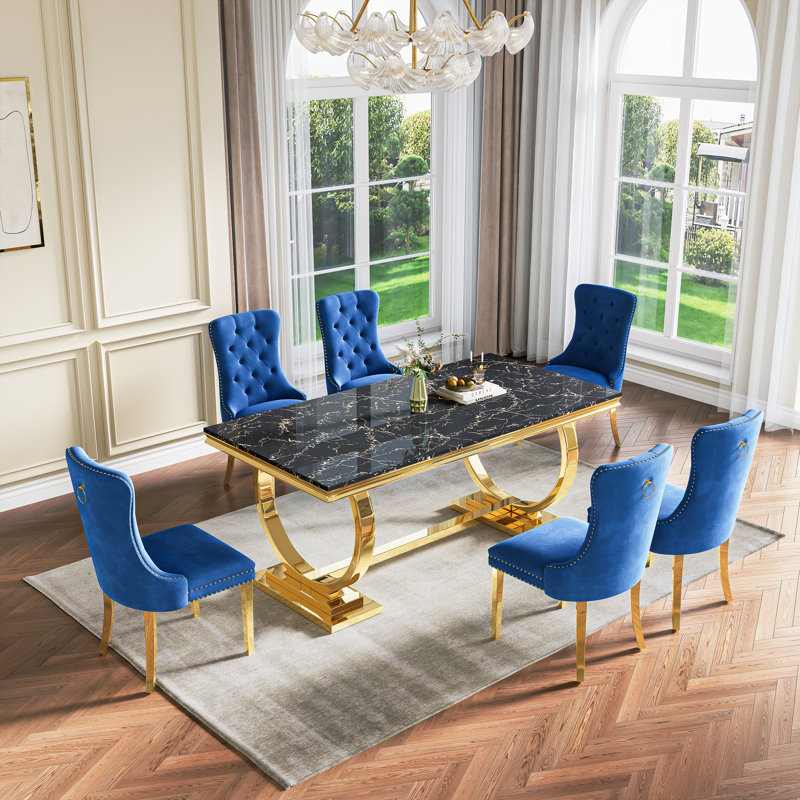Rectangular 70.1"L X 35"W Dining Set, Bleu / doré, Noir et or, 7 pièces : table, 6 chaises