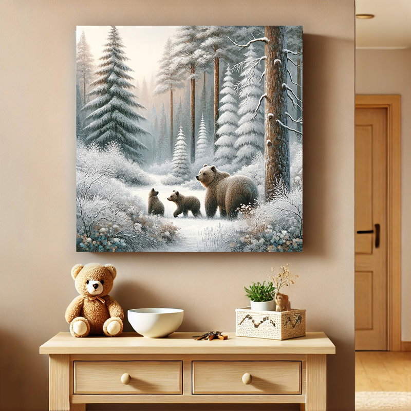 " Enchanted Wilderness: Bear Family In Snowy Pine Forest ", 40" H x 40" W x 1.5" D