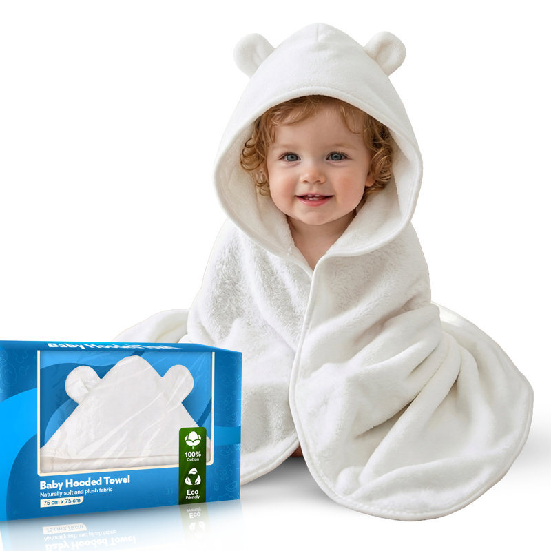 100% Cotton White Baby Hooded Towel with Ear design, Ultra Soft & Absorbent (Pack of 2)