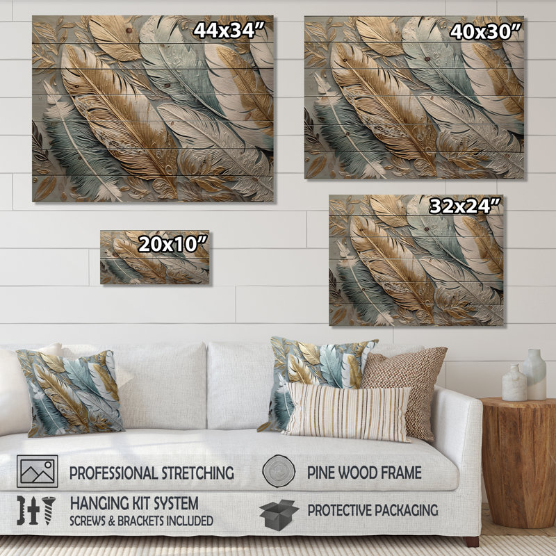 Plumes dorées dorées V - décoration murale florale en bois, H 30 po x l 40 po
