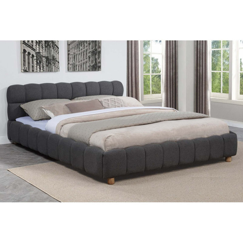 Structure de lit plateforme moderne grand lit, lit tapissier en tissu à profil bas, Gris