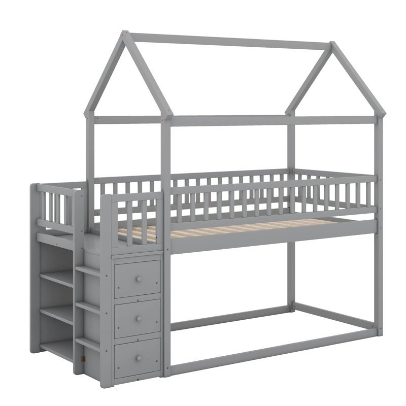 Twin Over Twin House Bunk Bed With Shelves And Drawers, Gray