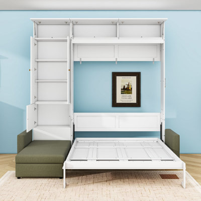 Queen Murphy Bed with L-Shaped Sofa and Storage Shelves