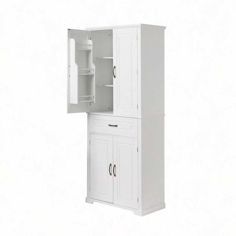 Armoire de rangement de salle de bain avec portes et tiroir, plusieurs espaces de rangement, tablette réglable, Blanc