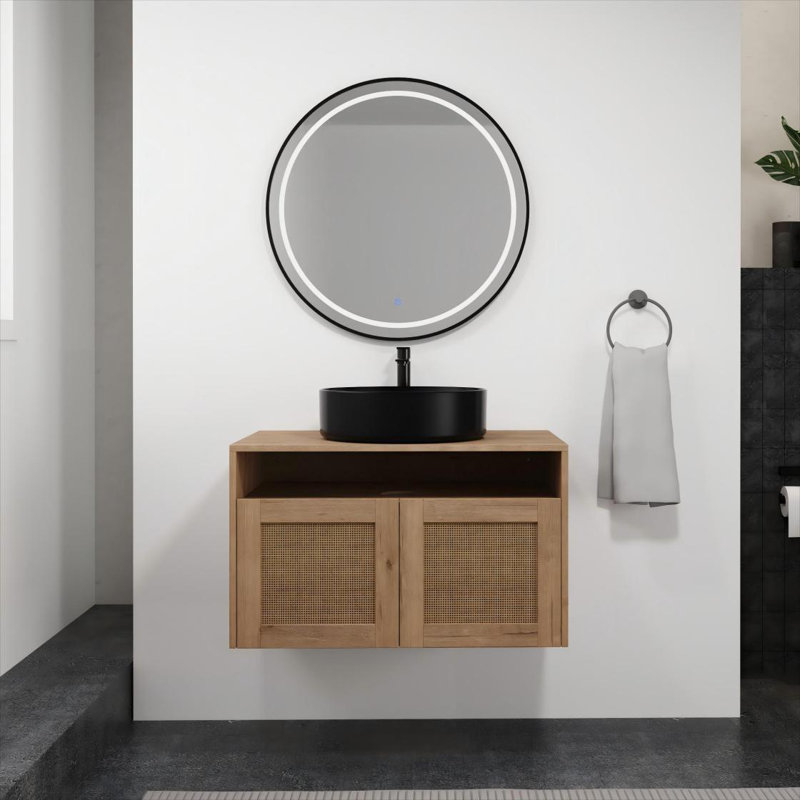 Meuble-lavabo de 30 po avec lavabo d'art en céramique noire, 2 portes à fermeture douce, conception à fixation flottante, contreplaqué (emballage KD)