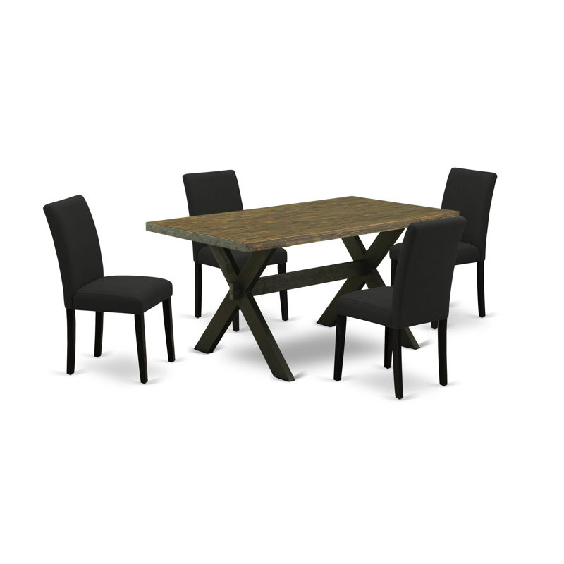 5 Piece Kitchen Table Set for 4 Includes a Rectangle Dining Room Table with X-Legs and 4 Black Color Linen Fabric Upholstered Chairs,  Wire Brushed Black Finish