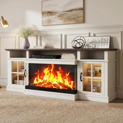 80" Farmhouse Fireplace TV Console for TVs Up to 90 Inches, Media Entertainment Stand with 36" 3-Sided Electric Fireplace, 12-Color LED Lighting & Glass-Door Storage
