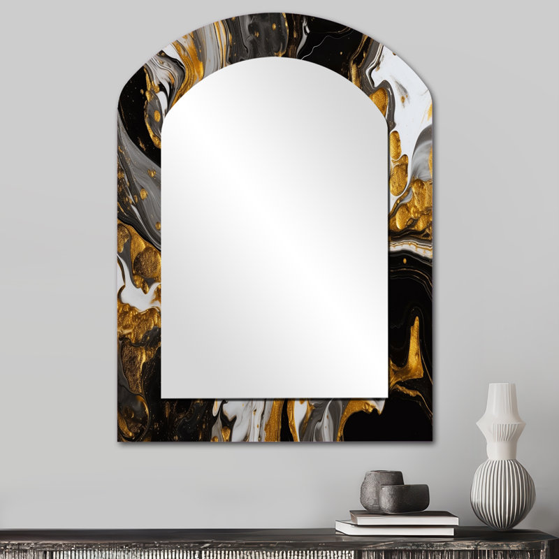 Gold Black Marbled Dreamscape II - Large Arched Wall Mirror On Metal, 34" x 25"