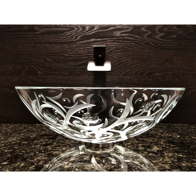 Crystal Clear Round Glass Vessel Bathroom Sink with Engraved Design