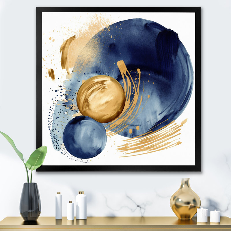 Bleu foncé et or, cercle abstrait texturé - impression, Cadre simple noir, H 36 po x l 36 po x P 1,5 po