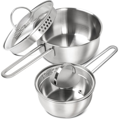 Stainless Steel Saucepan Set 1QT & 2QT Tri Ply Bottom Sauce Pan With Lid & Pour Spout Sauce Pot Set 4 Pcs