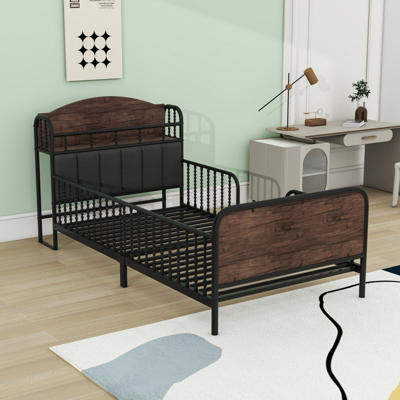 Platform Bed With Multicolor LED Strip, Safety Guardrails, And Storage Shelf, Twin, Black