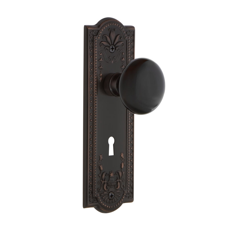 Meadows Plate with Decorative Keyhole and Black Porcelain Door Knob, 2-3/4”, Timeless Bronze