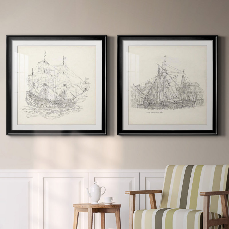 Esquisse de bateau antique ix Esquisse de bateau antique ix - ensemble de 2 reproductions de dessins encadrés, Blanc