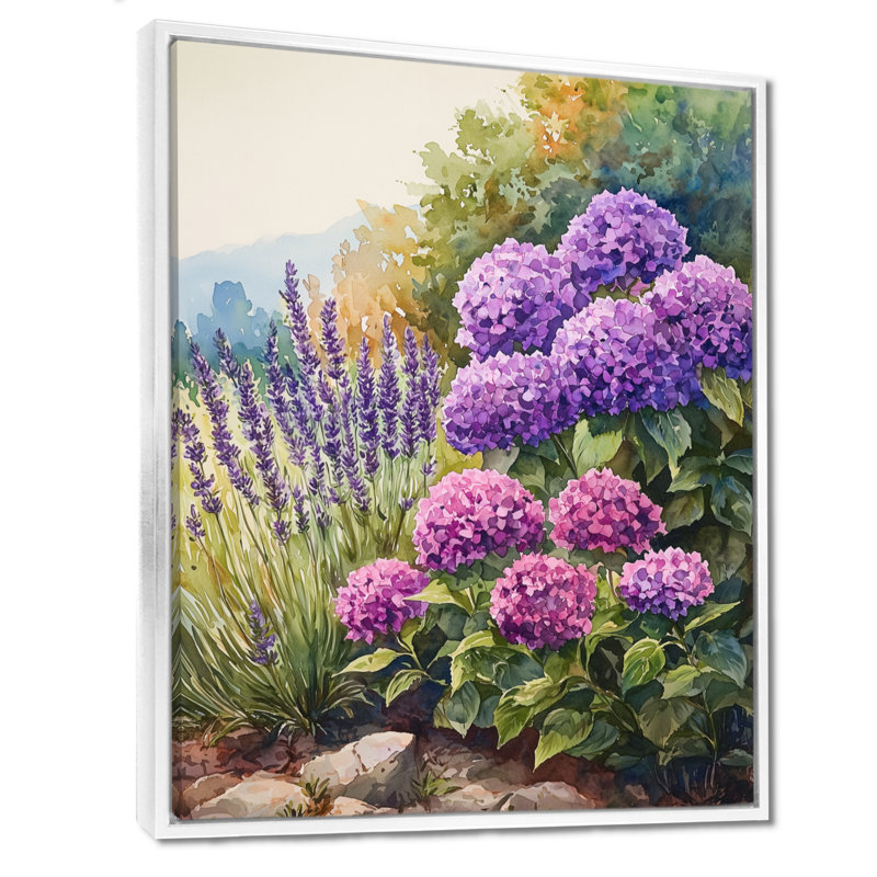 Hydrangeas and Lavender Garden II - Hydrangea, reproduction d'art sur toile encadrée, H 32 po x l 16 po, Blanc