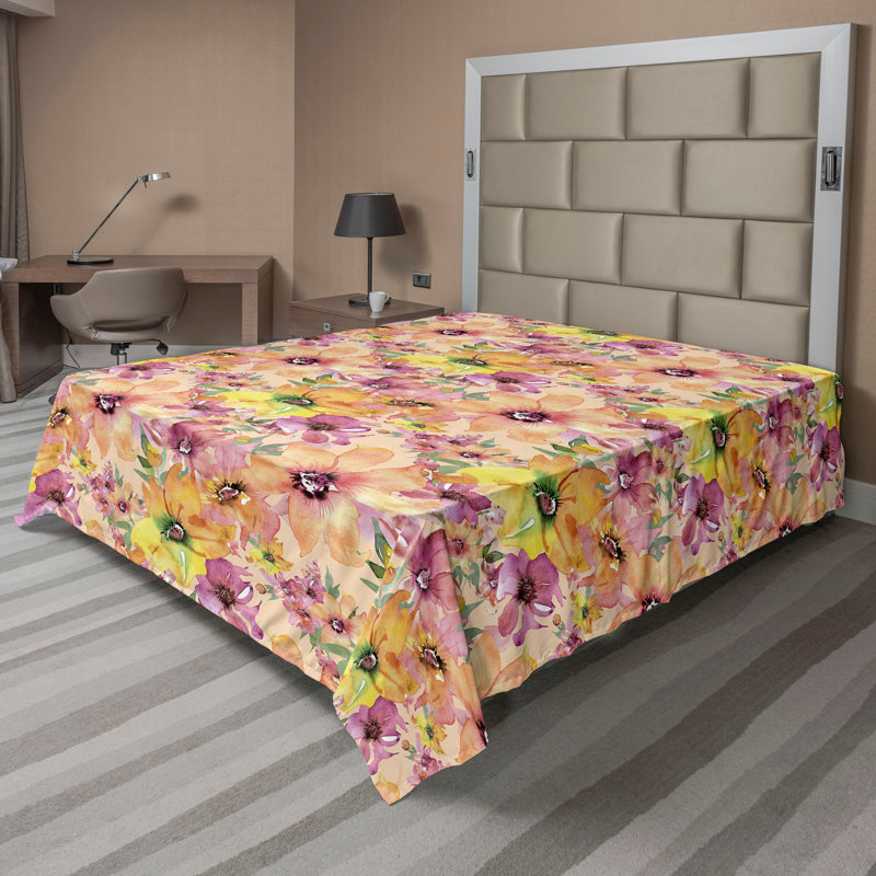 Ambesonne Flowers Flat Sheet Nostalgia Farmhouse, Peach Magenta Green
