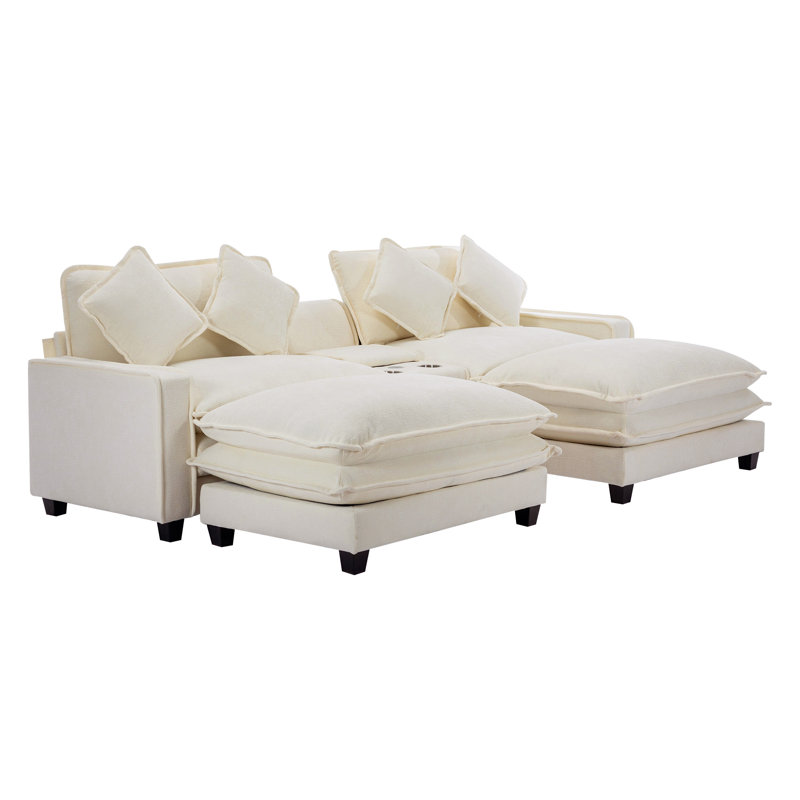 Canapé modulaire en chenille de 111 po avec deux repose-pieds amovibles en chenille, Chenille beige
