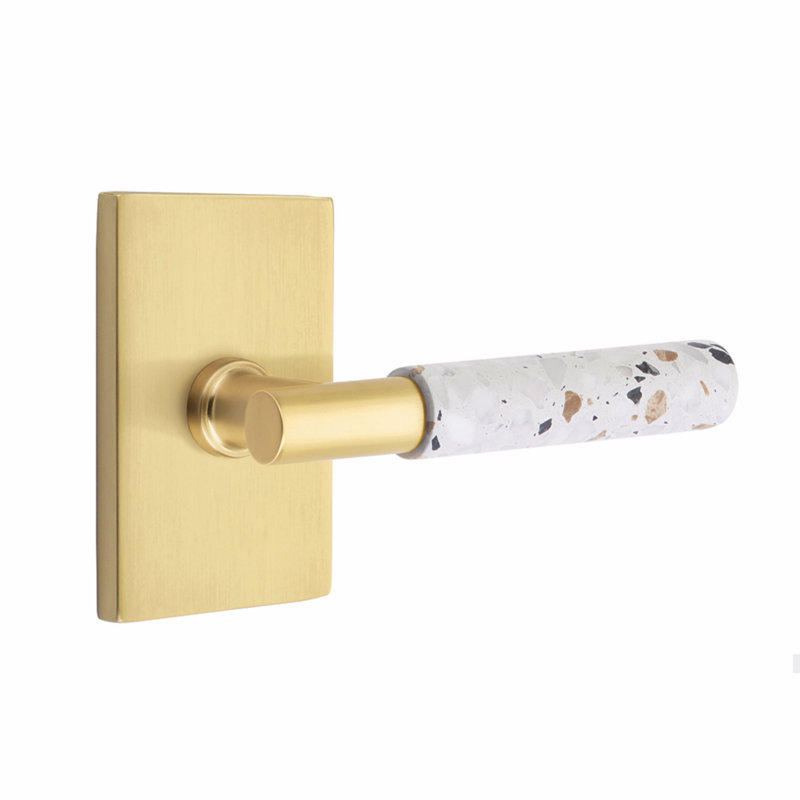 Ensemble de leviers de passage Emtek Select, rosette rectangulaire moderne, tige en T, poignée en terrazzo clair, droite