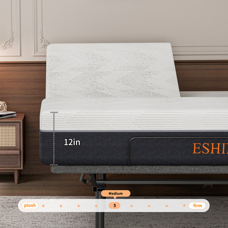 Structure de lit réglable pour très grand lit divisé avec matelas en mousse à mémoire de forme mi-ferme de 12 po, télécommande sans fil et contrôle des applications, massage, éclairage sous le lit, gris urbain E3100