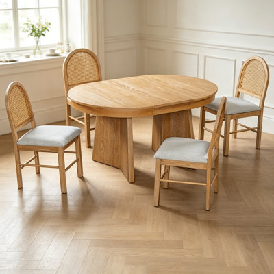 5-Piece Round Dining Table Set for 4, Retro Extendable dining table set with 4 Upholstered Chairs, Kitchen Table and Chairs Set for Dining Room and Ki